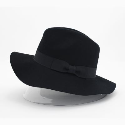 China With Bowknot OEM High Quality Fashion Black Customized 1OO% Wool Felt Fedora Plain Hats For Women for sale