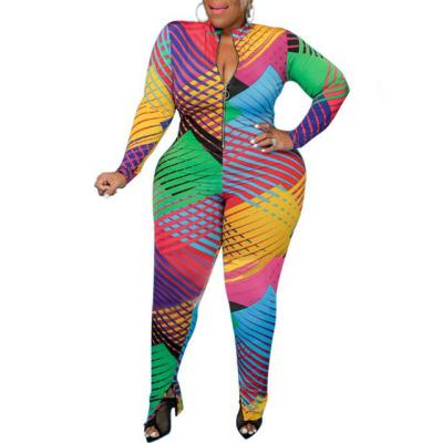 China Factory wholesale QUICK DRY plus size geometric print one piece long sleeve zipper overalls for women for sale