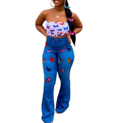 China Breathable Plus Size Rocket Women Fashion Butterfly Embroidery High Waisted Jeans for sale