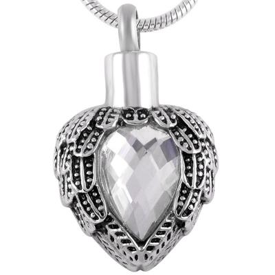 China IJD8719 Big Teardrop Stone Feather Inlay Romantic Heart Cremation Urn Keepsake Jewelry Pendant Necklace For Women for sale