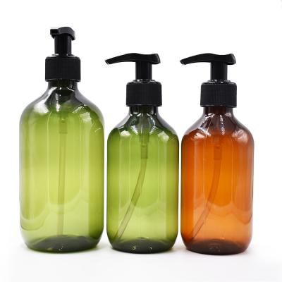 China 300ml 500ml Cosmetic Empty PET Plastic Amber Green Pump Bottle For Shampoo for sale