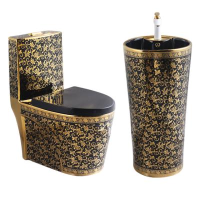 China Double-Flow Fancy WC Toilet and Sink Set Luxury Seramica Ceramic Toilet Bowl Set Bathroom Sink Set Gold Plated for sale