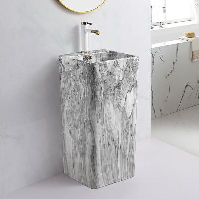 China Easy Clean Luxury Marble Colored Ceramic Pedestal Sink Square Shape Simple Modern Stand Bathroom One Piece Pedestal Wash Basin for sale