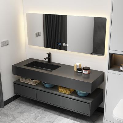 中国 Bathroom Vanity Supplier Modern Luxury Matte Black Wall Mounted Bathroom Mirror Cabinet Floating Vanity Set 販売のため