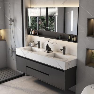 China Double Sink Modern Black And White Hotel Vanity Bathroom Cabinet Solid Wood Combo Marble Floating Vanity for sale