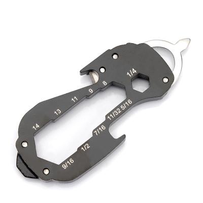 China 4-in-1 Light Weight 420 Stainless Steel Survival Carabiner Multi Function Key Chain Tactical Utility Tool With Serrated Knife for sale