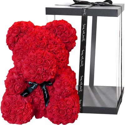 China Valentine's Day Rose Bear Gifts 25cm Rose Bear Christmas Valentine with Heart Rose Foam Flower Bear Artificial Weeding DIY for sale