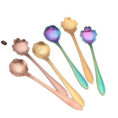 China Viable Stainless Steel Gold Bambus Mini Stirring Flower Fancy Coffee Cute Silver Black Cute Dessert Spoon For Cafe for sale