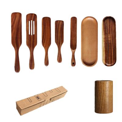 China Kitchen Sustainable High Quality Acacia Bambus Wooden Spatula Spoon Set Wooden Handle Sptula Wooden Food With Logo for sale