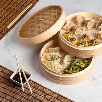 China Wholesale Viable 10 Inch Dim Sum Dumpling Food Basket Bamboo Steamer Mini Custom Logo Restaurant 2 Tier For Cooking for sale