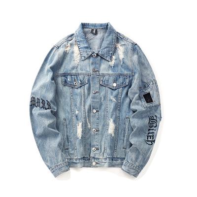 China Wear Friend Denim Coat Breathable Custom Masculine Men Distressed Jeans Jacket Cardigan Letter Embroidery Loose Hole Ti De for sale