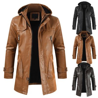 China 2021 winter men's casual fashion PU leather jacket long jacket men hoody wholesale hooded raincoats for sale