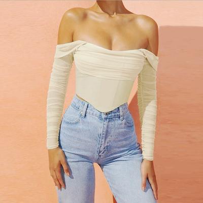 China Ladies Anti Shrinkage Sheath Long Mesh Blouse Tops Fall See Off Shoulder Stripe 2 Layers Crop Top Boned Women Shirt Bodycon C14065 for sale