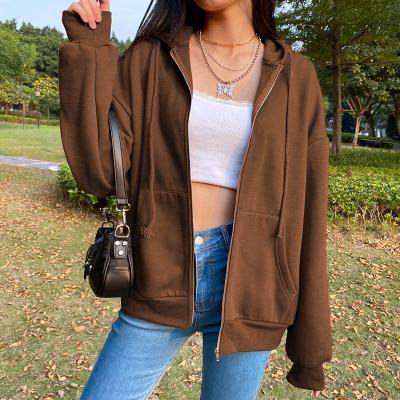 China Brown Zipper Sweatshirt Womens Hoodie Long Sleeve Winter Clothes Crewneck Hoodies Vintage Pockets Long Sleeve Women's Sweatshirts Jackets B1827 for sale