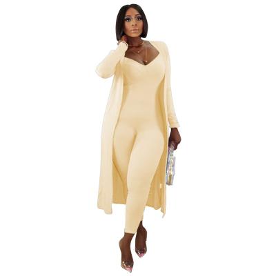 China Autumn Winter Anti-Static Women Long Sleeve Cardigan Anti-Static Casual Ribbed Two-Piece Coat + Bodycon Overall Outfits Matching Sets B603 for sale