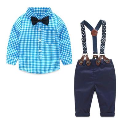 China 95% COTTON 95% COTTON Spring Cotton Gentleman Baby Boy Clothes Sets Plaid Long Sleeve Top Biw Tie Shirt Rompers Suspenders Pants Y10695 for sale