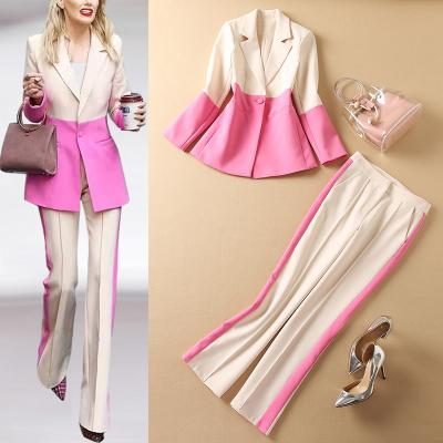 China newest Anti-wrinkle designer fashion suit set women's single button color block blazer flare pants for sale