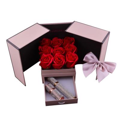 China Best Selling Valentine's Day Gift Set Preserved Soap Flower Rose Lipstick Mascara Price Discount Gift Set Box for sale