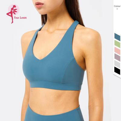 China Breathable Aplet Padded Crop V Tank Yoga Wide Shoulder Vest Top Women Underwear Women Deep Bra Sports Sexy Workout Fitness Bra for sale