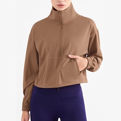 China SY1426 Bare Zipper Over Half Waist Feeling Relaxed Fit Active Jacket With Kangaroo Pocket Turtle Neck Fitness Top for sale