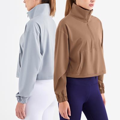 China SY1426 Half Waist Zipper Yoga Jacket Neck Windproof Plus High Women With Kangaroo Pocket Drawstring Edge Fitness Top for sale