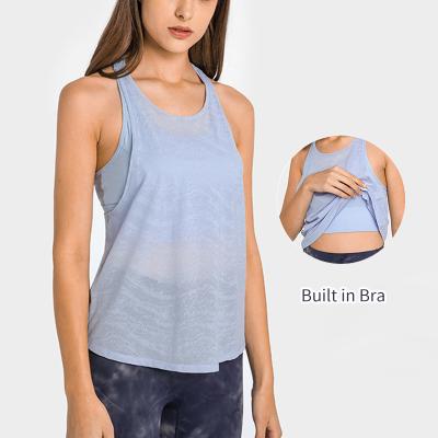 China DT163 Women Breathable 2 in 1 Fitness Tank Top Mesh Patchwork High Impact Build In Sports Bra for sale