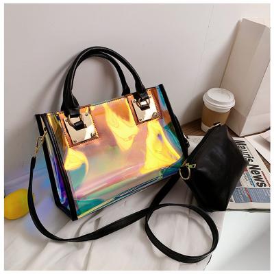 China Clear PVC Waterproof Sumer Lady Fashion 2pc Shine Color Clear Jelly Handbags Waterproof Transparent Shoulder PVC Tote Handbag for sale