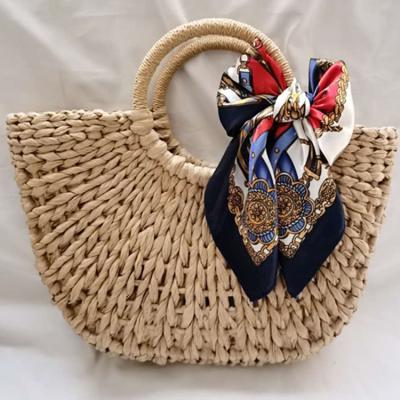 China 2022 Summer Lady Straw Bags Woven Beach Bag Rattan Bag Handmade Beach Bag Bohemia Handbag Round Handle Scarf For Women for sale