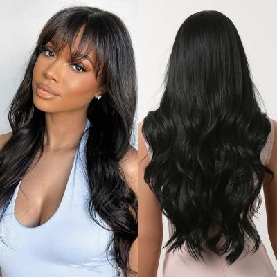 China Water Wave Black Long Wave Synthetic Wig With Bangs For Women Body Wave Wig Daily Natural Hair Part Wig Dark Brown Heat Resistant Fiber for sale