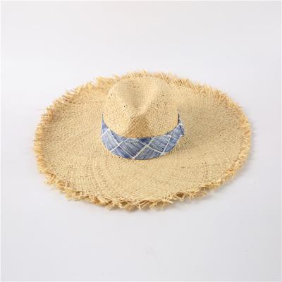 China Wide-Brim Luxury Wide Raffia Ladies Panama Picture Edge Straw Sun Hat With Blue Ribbon for sale