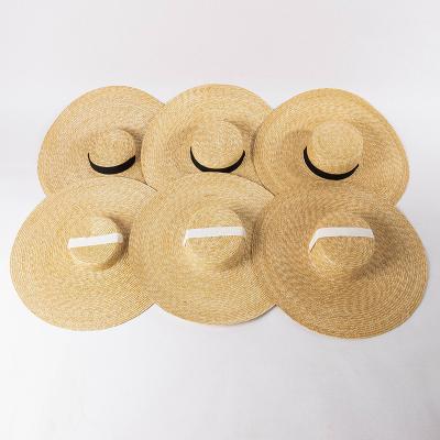 China Western Wheat Straw Boater Hat Summer Women Ladies Mesh Flat Top Wide Brim Straw Hats Fashion Elegant Chic Picture for sale