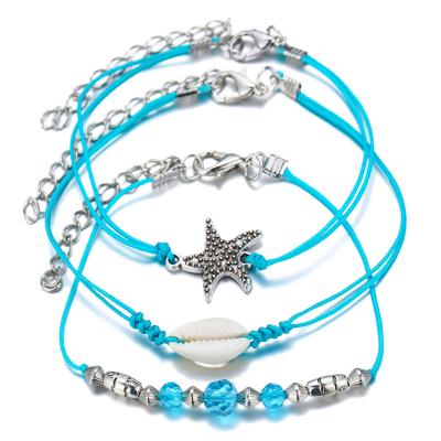 China New Vintage Trendy Bohemian Style Adjustable Handmade 3pcs/set Shell Starfish Anklet for sale