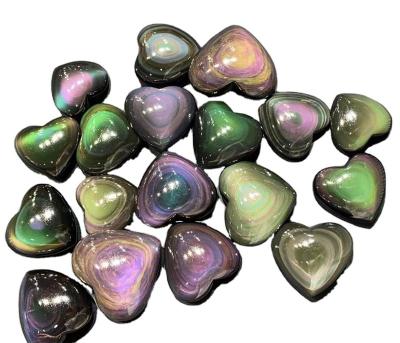 China Wholesale Natural Stone Obsidian Rainbow Eye Crafts Fluffy Heart Shaped Wedding Home Decoration with Healing Energy for sale