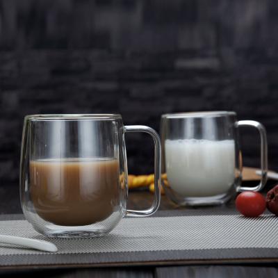 China Wholesale 250ml 375ml Handmade Double Wall Stocked Glass Coffee Mugs With Square Handle for sale