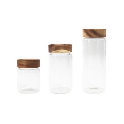 China Freshness Preservation Wholesale Wholesale Wide Mouth 350ml 580ml 800ml Borosilicate Glass Jar With Wooden Lid for sale