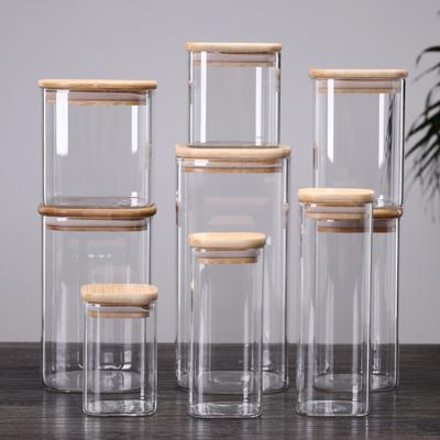 China Empty Clear Glass Transparent Square Freshness Preservation Jar Glass Storage Jars With Wooden Lid for sale