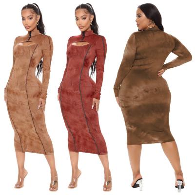 China JY-21421 2022 Breathable Plus-Size Tie-Dye Long Sleeve Women's Casual Maxi Dress Bodycon Women Dresses for sale