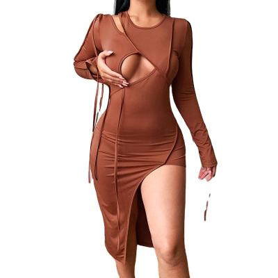 China JY-21574 Anti-Wrinkle Long Sleeve Ribbed Hollow Out Asymmetry Fashionable Women Club Dresses Side Slit Sexy Maxi Dress for sale