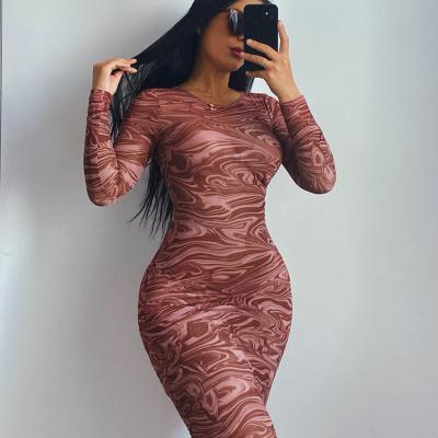 China TRANSLUCENT JY-21291 2021 new fashion women print mesh casual long sleeves bodycon fall long dresses for sale