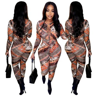 China Sexy One Piece JY-68540 2021 Women Breathable Cutout Overalls Long Skinny Sleeves Print Hollow Out Bodycon Overalls for sale