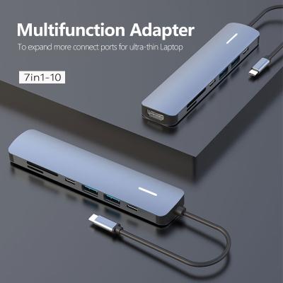 China Aluminum Alloy USB C Hub 7 in 1 Docking Station with HD1.4+USB3.0+USB2.0+TYPE C 2.0+PD+SD/TF2.0 for sale