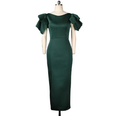 China CX42 Bodycon Breathable Elegant Christmas Ruffle Green Sleeve Maxi Women Evening Dress for sale