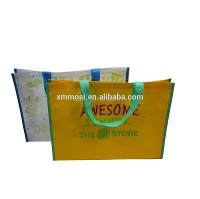 China Handled printed yellow recycled pp woven with bopp lamination packaging bag for sale