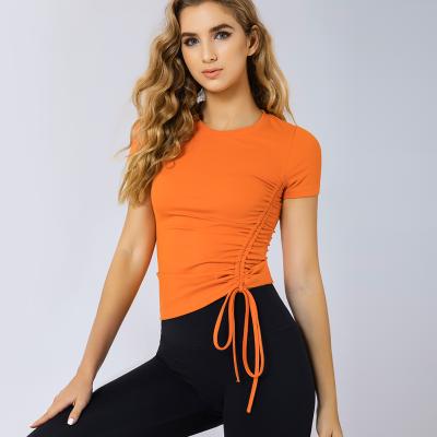 China Newest Breathable Yoga Slogan T Shirts For Women Twins Nylon Spandex Ruched Comfy Fitted Women's Tech Soft Tee for sale