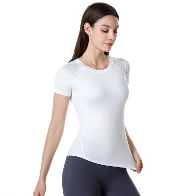 China 2022 Yoga T-Shirts Workout Short Sleeve Raglan Crew Neck Silver Foil Print Women Breathable Sport Wear Slim Fit White Ladies for sale