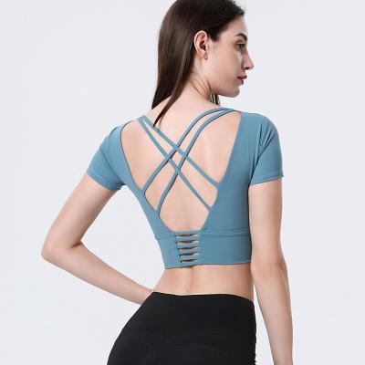 China France Designer Cross Breathable Cross Straps Sexi Double Straps Cross Back Bare Back Gym Workout Workout Crop Top For Women GYM Short T-shirts for sale