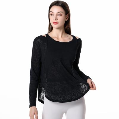 China New Anti-Wrinkle Design Curve Edge Yoga Snubb Jacquard Fitness Tops Slim Tee Full See-Though Plus Size Long Sleeve Yoga Tops Shirts for sale