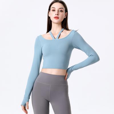 China Breathable Hot Sale Product Custom Sports Clothes Summer Thumb Hole Long Plain Cut Out Sleeve Halter Neck Cropped Tops for sale