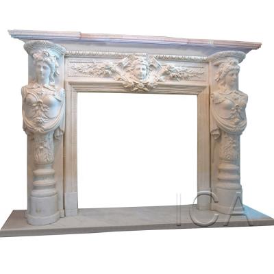 China Indoor Life Size Indoor White Marble Stone Fireplace Mantel for sale