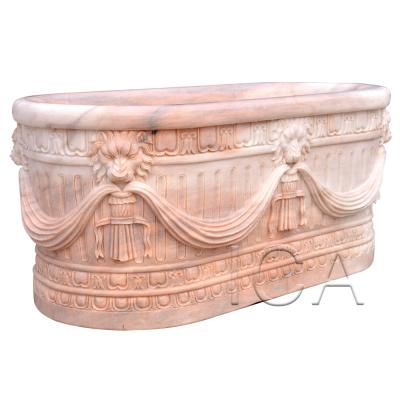 China Garden Plaza Stone Cheap Roman Freestanding Antique Rose Marble Carving Bathtub for sale